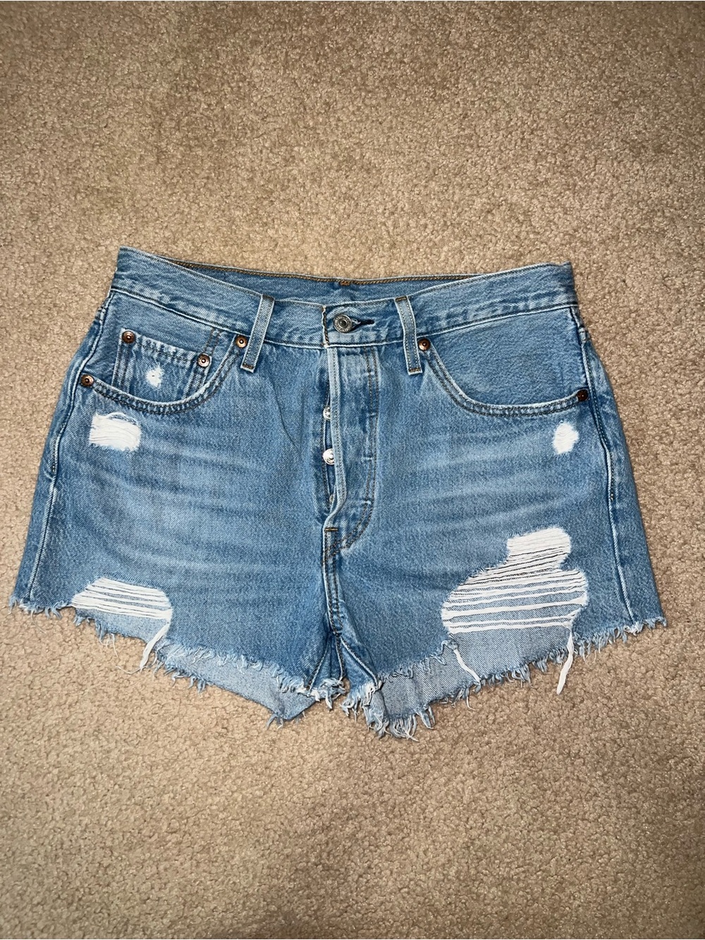 Levi's Light Blue Distressed Denim Shorts 501